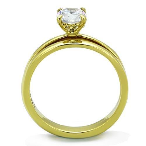 TK1721 IP Gold Stainless Steel Ring featuring a clear AAA Grade CZ center stone, showcasing elegance and durability.