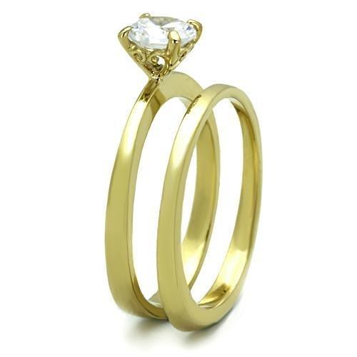 TK1721 IP Gold Stainless Steel Ring featuring a clear AAA Grade CZ center stone, showcasing elegance and durability.