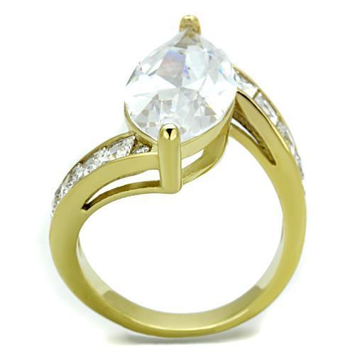 TK1723 IP Gold Stainless Steel Ring featuring a clear AAA Grade CZ stone, showcasing a luxurious and elegant design.