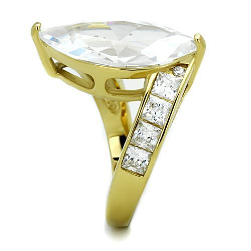 TK1723 IP Gold Stainless Steel Ring featuring a clear AAA Grade CZ stone, showcasing a luxurious and elegant design.