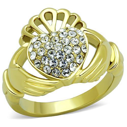 TK1724 IP Gold Stainless Steel Ring featuring a clear top-grade crystal, showcasing its elegant design and luxurious finish.