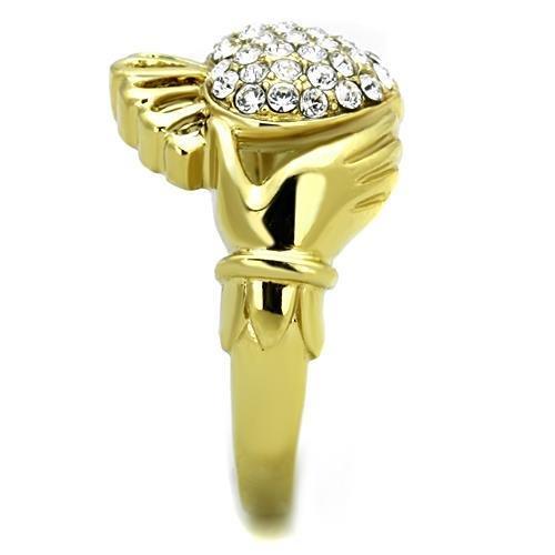 TK1724 IP Gold Stainless Steel Ring featuring a clear top-grade crystal, showcasing its elegant design and luxurious finish.