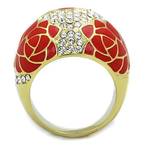 TK1728 IP Gold Stainless Steel Ring featuring a clear top-grade crystal, showcasing a luxurious design with a shiny finish.