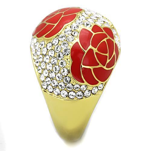 TK1728 IP Gold Stainless Steel Ring featuring a clear top-grade crystal, showcasing a luxurious design with a shiny finish.