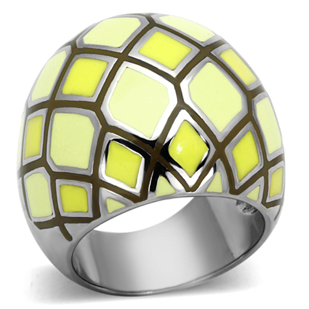 TK1173 High Polished Stainless Steel Ring featuring a vibrant multi-color epoxy center stone, showcasing its elegant design.