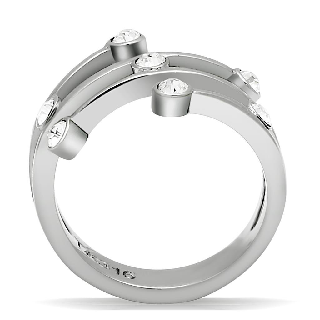 TK173 High Polished Stainless Steel Ring featuring a clear top grade crystal centerpiece, showcasing its elegant design and shiny finish.