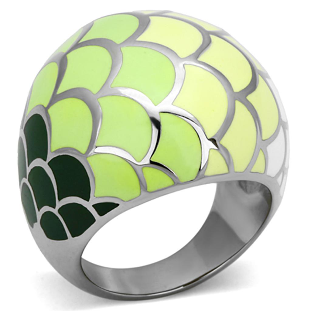 TK1174 High Polished Stainless Steel Ring featuring a vibrant multi-color epoxy center stone, showcasing its elegant design and polished finish.