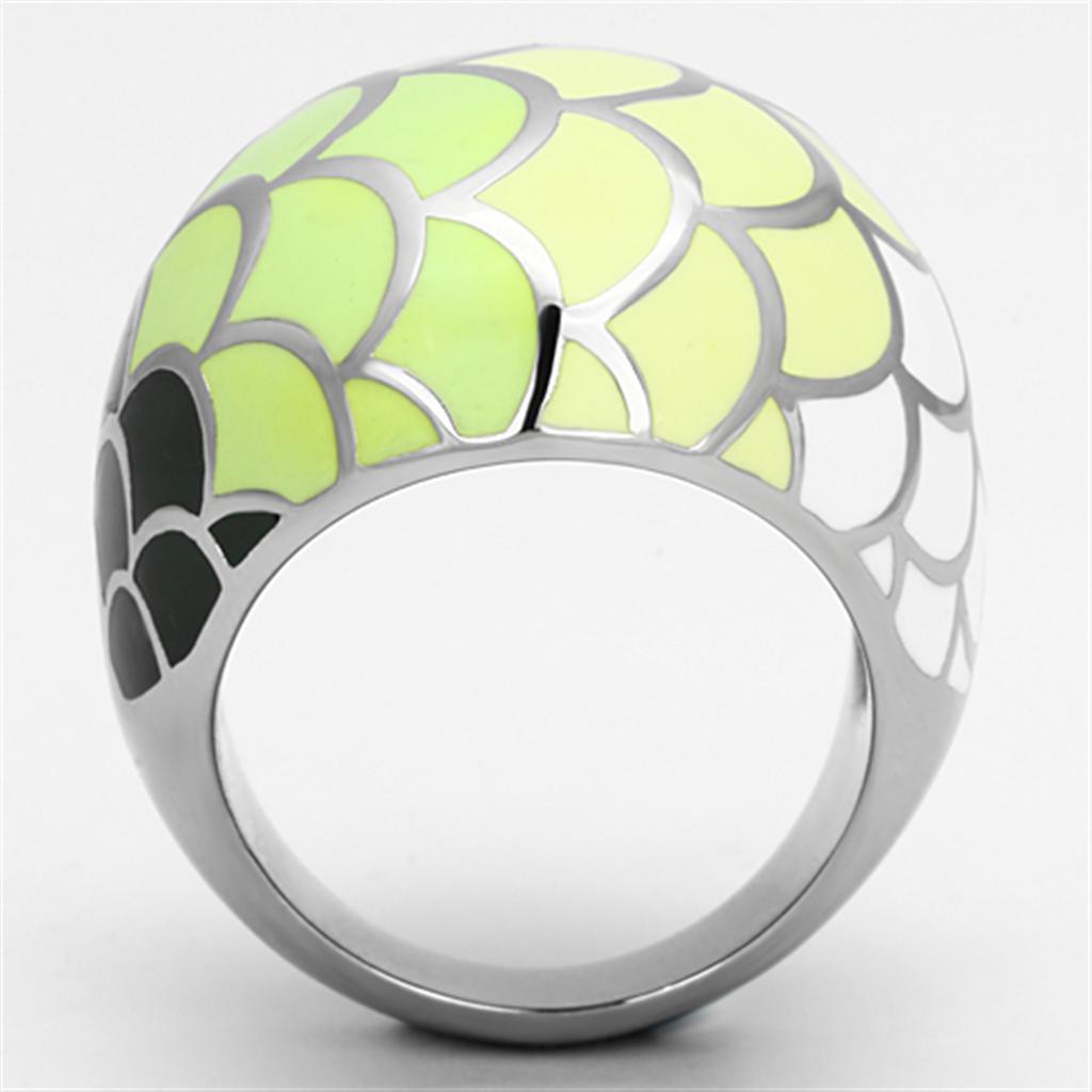 TK1174 High Polished Stainless Steel Ring featuring a vibrant multi-color epoxy center stone, showcasing its elegant design and polished finish.