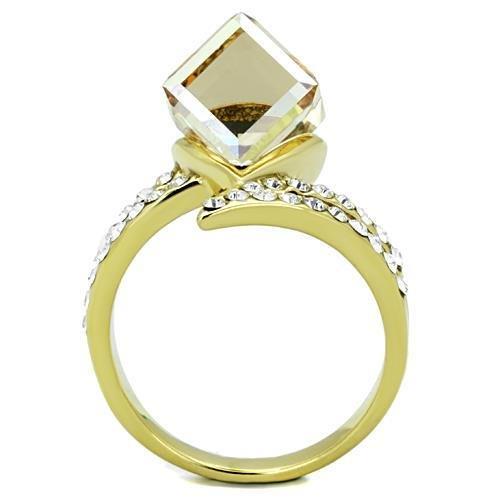 TK1745 IP Gold Stainless Steel Ring featuring a champagne top-grade crystal centerpiece, showcasing elegance and durability.