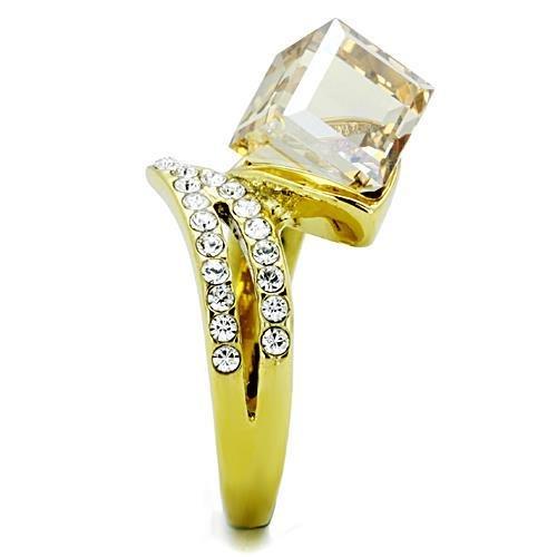 TK1745 IP Gold Stainless Steel Ring featuring a champagne top-grade crystal centerpiece, showcasing elegance and durability.