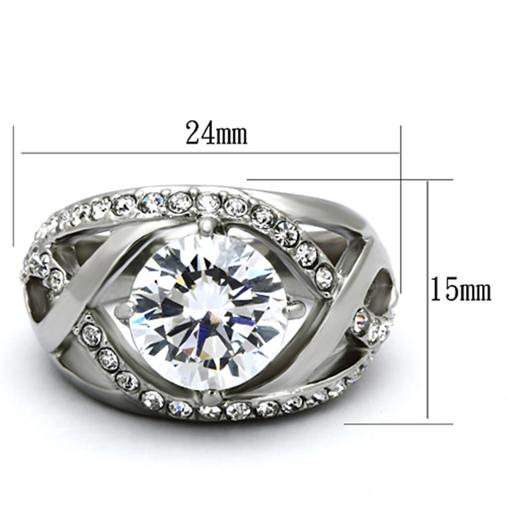 High polished stainless steel ring featuring a clear AAA grade CZ stone, showcasing a sleek and elegant design.