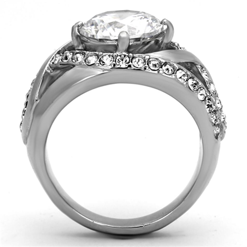 High polished stainless steel ring featuring a clear AAA grade CZ stone, showcasing a sleek and elegant design.