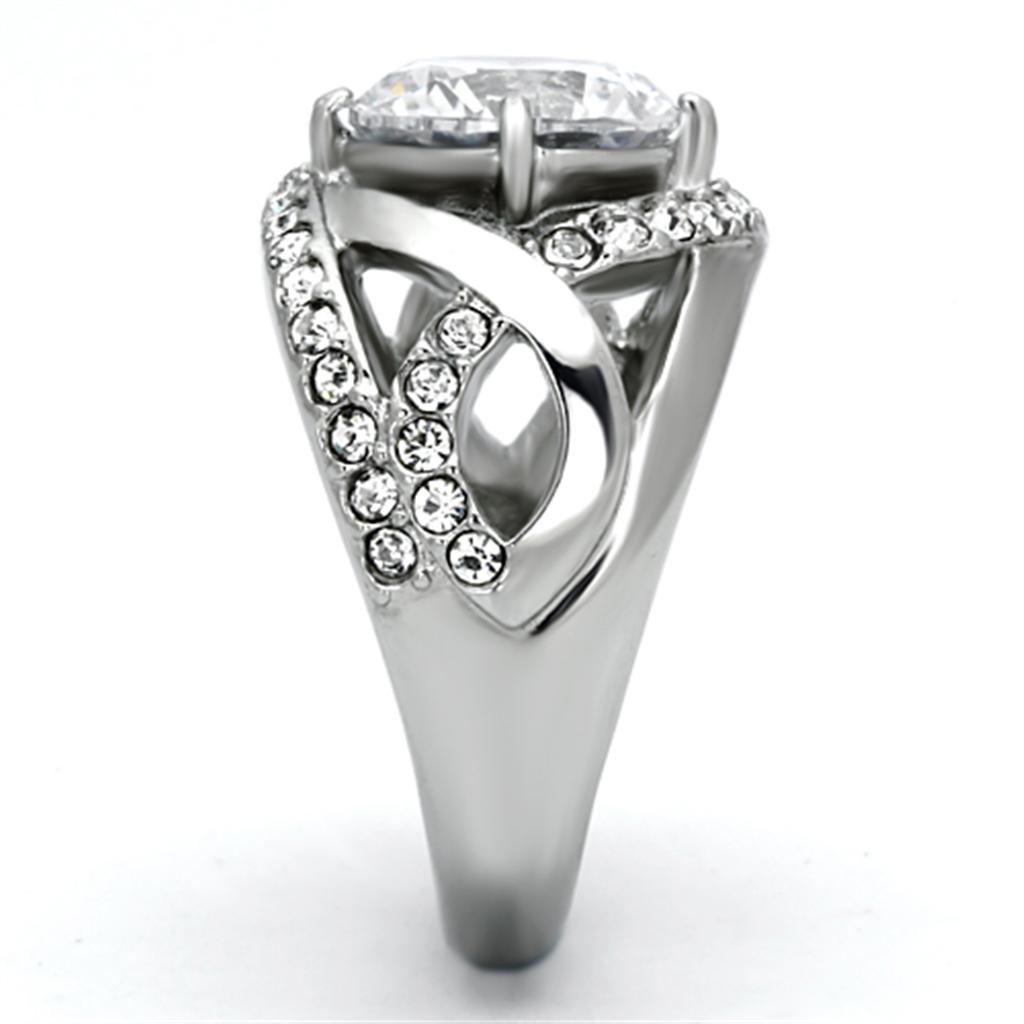 High polished stainless steel ring featuring a clear AAA grade CZ stone, showcasing a sleek and elegant design.