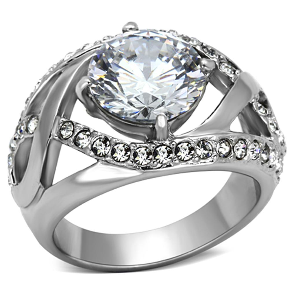 High polished stainless steel ring featuring a clear AAA grade CZ stone, showcasing a sleek and elegant design.