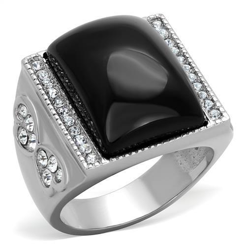 TK1767 High Polished Stainless Steel Ring featuring a jet black synthetic glass center stone, showcasing a sleek and modern design.