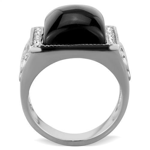 TK1767 High Polished Stainless Steel Ring featuring a jet black synthetic glass center stone, showcasing a sleek and modern design.