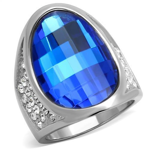 TK1778 High Polished Stainless Steel Ring featuring a Capri Blue synthetic glass stone, showcasing its elegant design and shine.