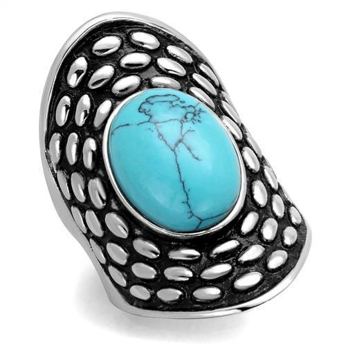 TK1780 High Polished Stainless Steel Ring featuring a synthetic sea blue turquoise stone, showcasing a sleek and modern design.