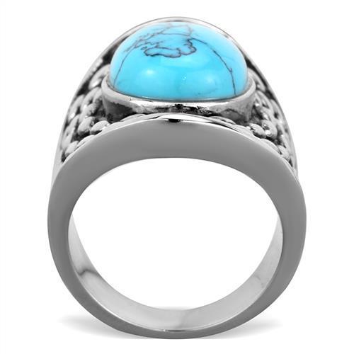 TK1780 High Polished Stainless Steel Ring featuring a synthetic sea blue turquoise stone, showcasing a sleek and modern design.