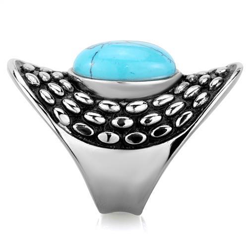 TK1780 High Polished Stainless Steel Ring featuring a synthetic sea blue turquoise stone, showcasing a sleek and modern design.