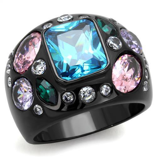 TK1790 IP Black Stainless Steel Ring featuring a Sea Blue AAA Grade CZ center stone, showcasing its elegant design and durable finish.