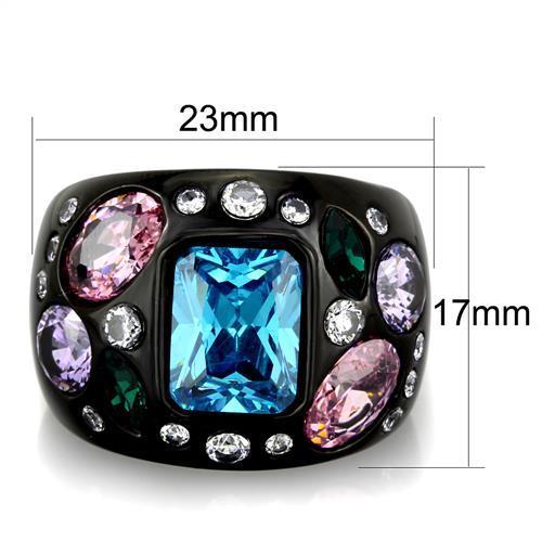 TK1790 IP Black Stainless Steel Ring featuring a Sea Blue AAA Grade CZ center stone, showcasing its elegant design and durable finish.