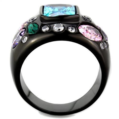 TK1790 IP Black Stainless Steel Ring featuring a Sea Blue AAA Grade CZ center stone, showcasing its elegant design and durable finish.