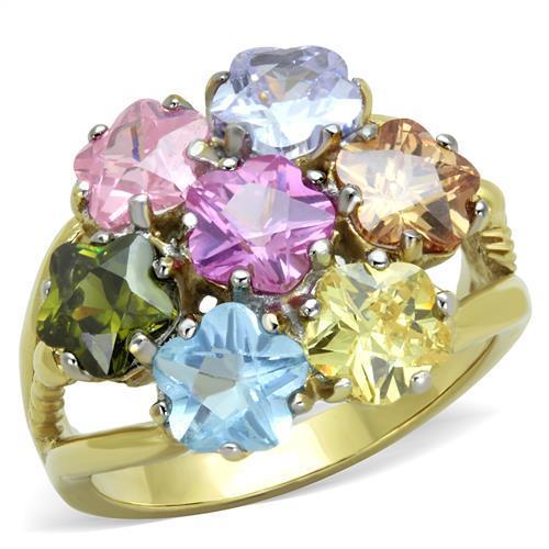 TK1791 Two-Tone IP Gold Stainless Steel Ring featuring assorted multi-color center stone.