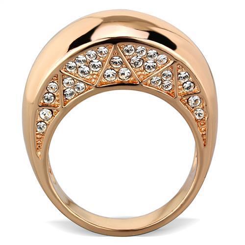 TK1798 IP Rose Gold Stainless Steel Ring featuring a clear top-grade crystal centerpiece, showcasing elegance and durability.