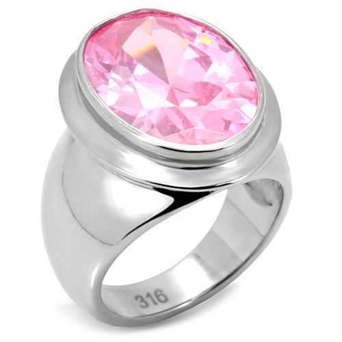 TK118 High Polished Stainless Steel Ring featuring a rose AAA Grade CZ center stone, showcasing its elegant design and shiny finish.