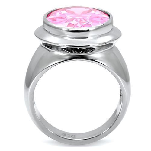 TK118 High Polished Stainless Steel Ring featuring a rose AAA Grade CZ center stone, showcasing its elegant design and shiny finish.