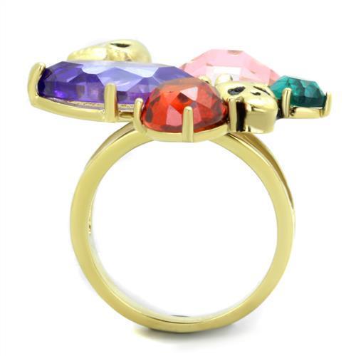 TK1888 IP Gold Stainless Steel Ring featuring AAA Grade CZ center stone in multi-color, showcasing its elegant design and luxurious finish.