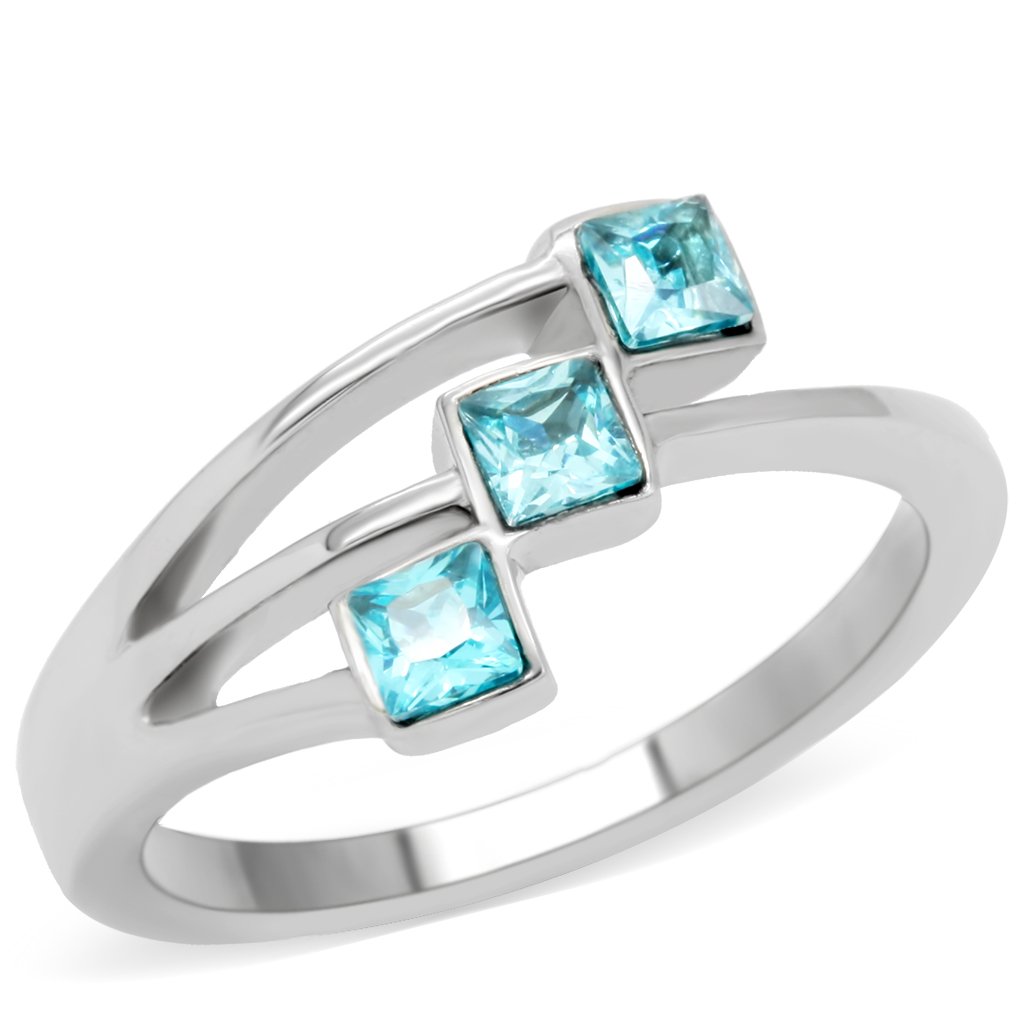 TK180 High Polished Stainless Steel Ring featuring a synthetic sea blue glass center stone, showcasing its elegant design and polished finish.