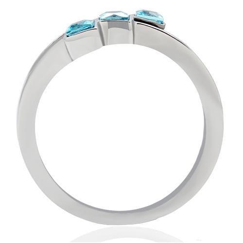 TK180 High Polished Stainless Steel Ring featuring a synthetic sea blue glass center stone, showcasing its elegant design and polished finish.