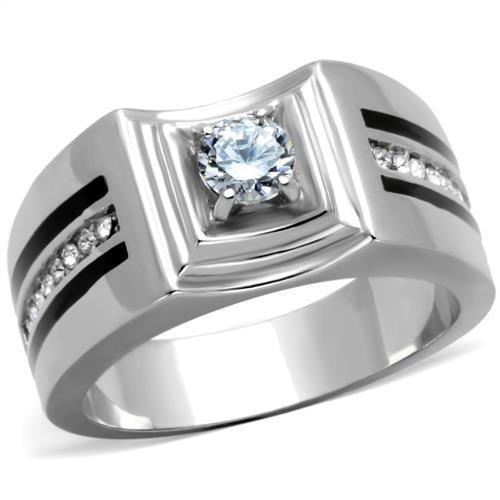 TK1814 High Polished Stainless Steel Ring featuring a clear AAA grade cubic zirconia center stone, showcasing a shiny and elegant design.