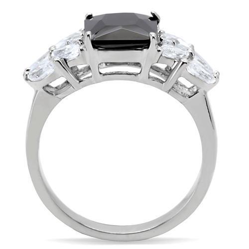 TK182 High Polished Stainless Steel Ring featuring a jet-colored AAA Grade CZ stone, showcasing its elegant design and shiny finish.