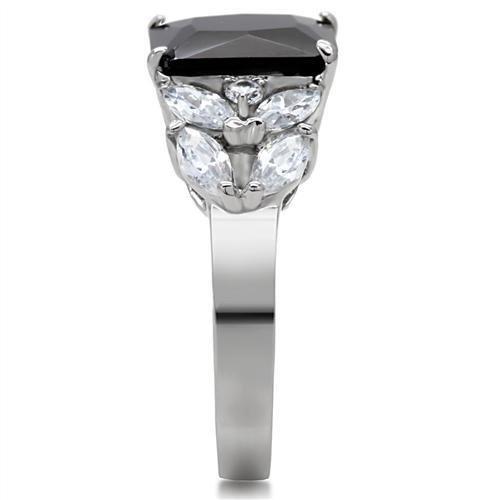 TK182 High Polished Stainless Steel Ring featuring a jet-colored AAA Grade CZ stone, showcasing its elegant design and shiny finish.