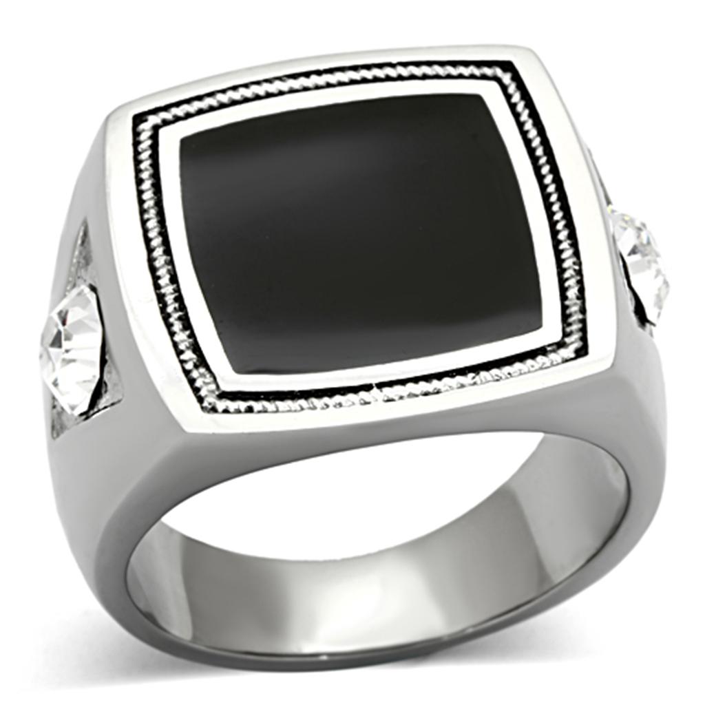 TK1182 High Polished Stainless Steel Ring featuring a clear top grade crystal centerpiece, showcasing a shiny and elegant design.