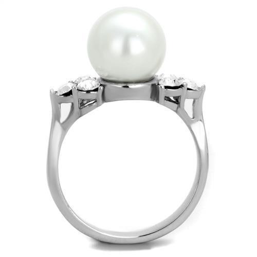 TK1824 High Polished Stainless Steel Ring featuring a white synthetic pearl center stone, showcasing its elegant design and shiny finish.