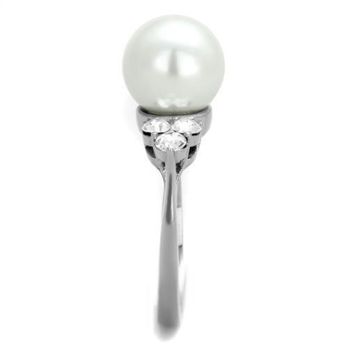 TK1824 High Polished Stainless Steel Ring featuring a white synthetic pearl center stone, showcasing its elegant design and shiny finish.