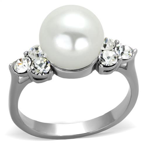 TK1824 High Polished Stainless Steel Ring featuring a white synthetic pearl center stone, showcasing its elegant design and shiny finish.