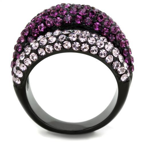 TK1831 IP Black Stainless Steel Ring with a multi-color top-grade crystal centerpiece, showcasing a modern design and durable finish.