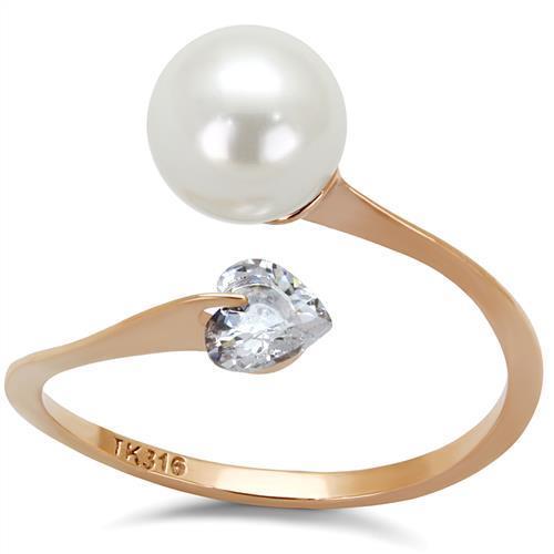 TK1837 IP Rose Gold Stainless Steel Ring featuring a white synthetic pearl centerpiece, showcasing elegance and durability.