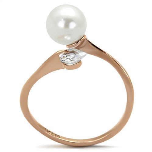 TK1837 IP Rose Gold Stainless Steel Ring featuring a white synthetic pearl centerpiece, showcasing elegance and durability.