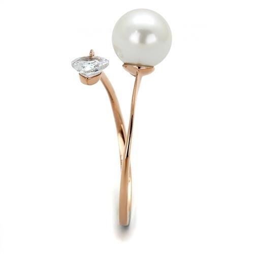 TK1837 IP Rose Gold Stainless Steel Ring featuring a white synthetic pearl centerpiece, showcasing elegance and durability.