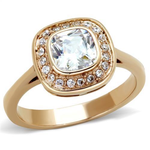 TK1844 IP Rose Gold Stainless Steel Ring featuring AAA Grade clear CZ stone, showcasing its elegant design and luxurious finish.