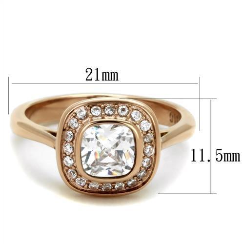 TK1844 IP Rose Gold Stainless Steel Ring featuring AAA Grade clear CZ stone, showcasing its elegant design and luxurious finish.