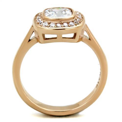 TK1844 IP Rose Gold Stainless Steel Ring featuring AAA Grade clear CZ stone, showcasing its elegant design and luxurious finish.