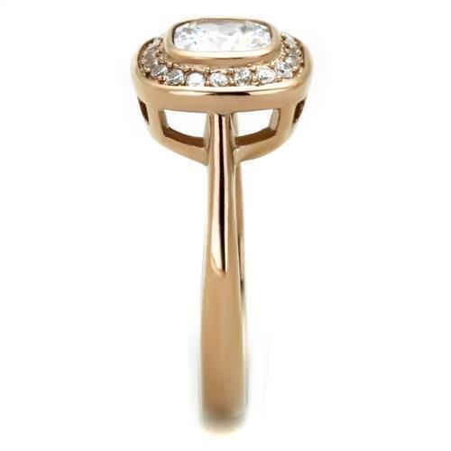 TK1844 IP Rose Gold Stainless Steel Ring featuring AAA Grade clear CZ stone, showcasing its elegant design and luxurious finish.