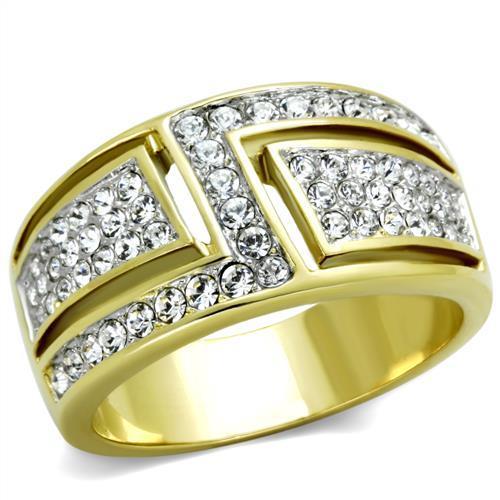 TK1845 Two-Tone IP Gold Stainless Steel Ring featuring a clear top-grade crystal centerpiece, showcasing elegance and durability.